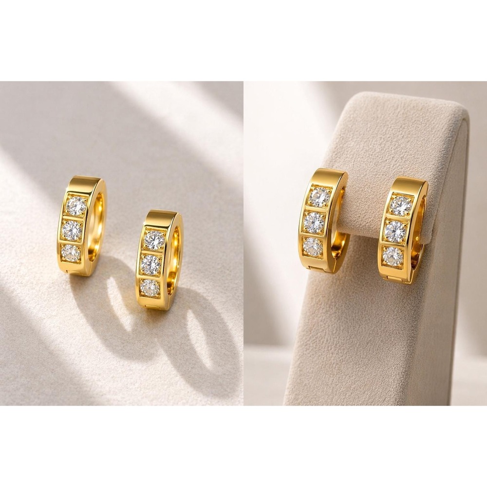 Huggie Earrings Women OS Gold New Cubic Zirconia Triple Stone Hoops